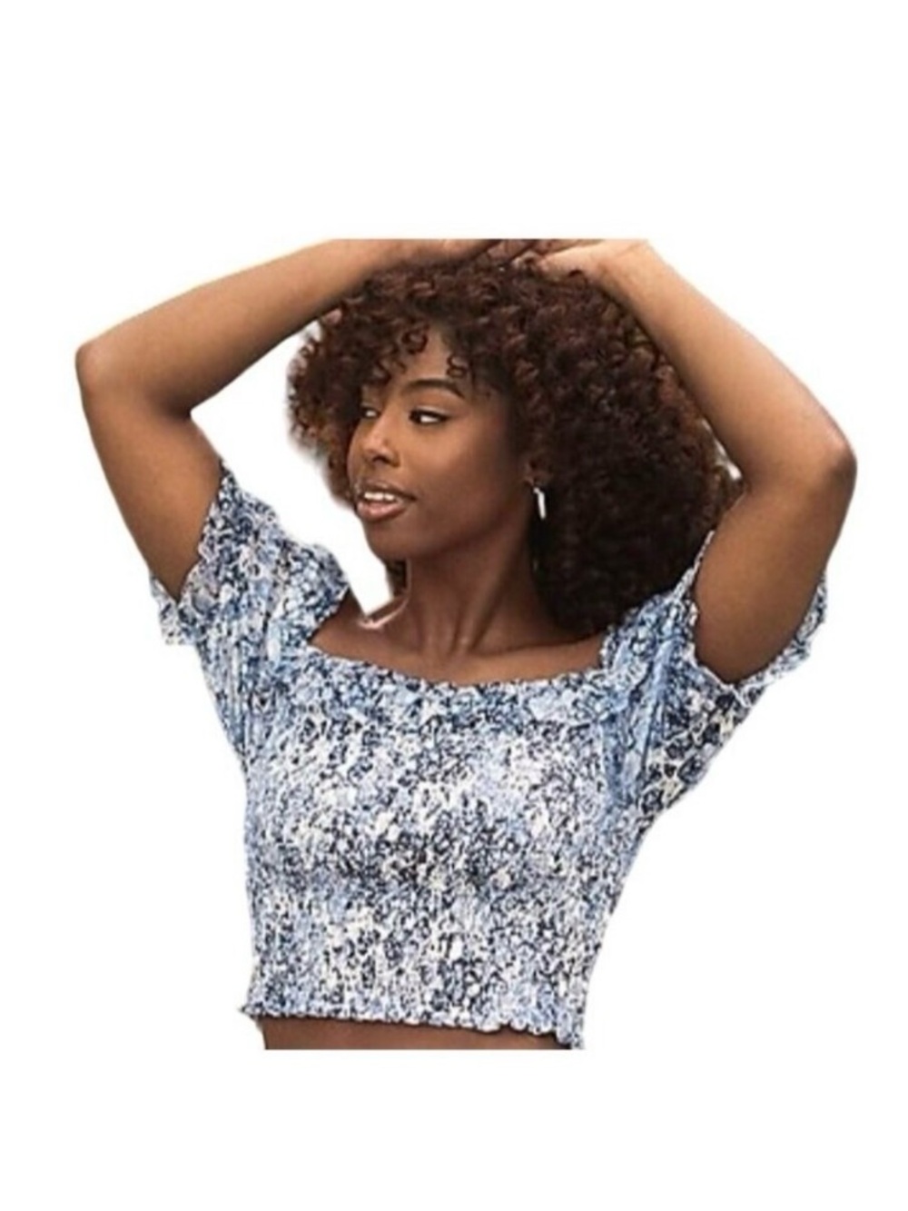 Express Blue and Cream Smocked Off-Shoulder Crop Top size Medium